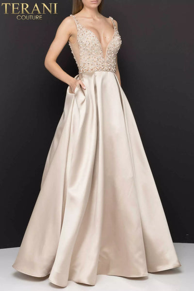 Illusion Beaded Prom Ball Gown with Satin Skirt - 2011P1094