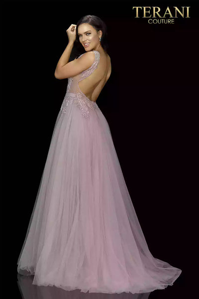 Long Beaded V-Neckline Tulle Prom Gown - 2011P1109