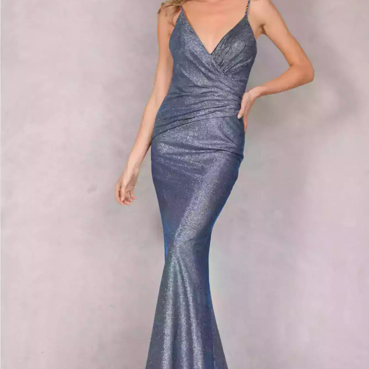 Deep v neck Metallic long prom dress by Terani | 2011P1117 | Deep v neck Metallic long prom dress by Terani | 2011P1117 |