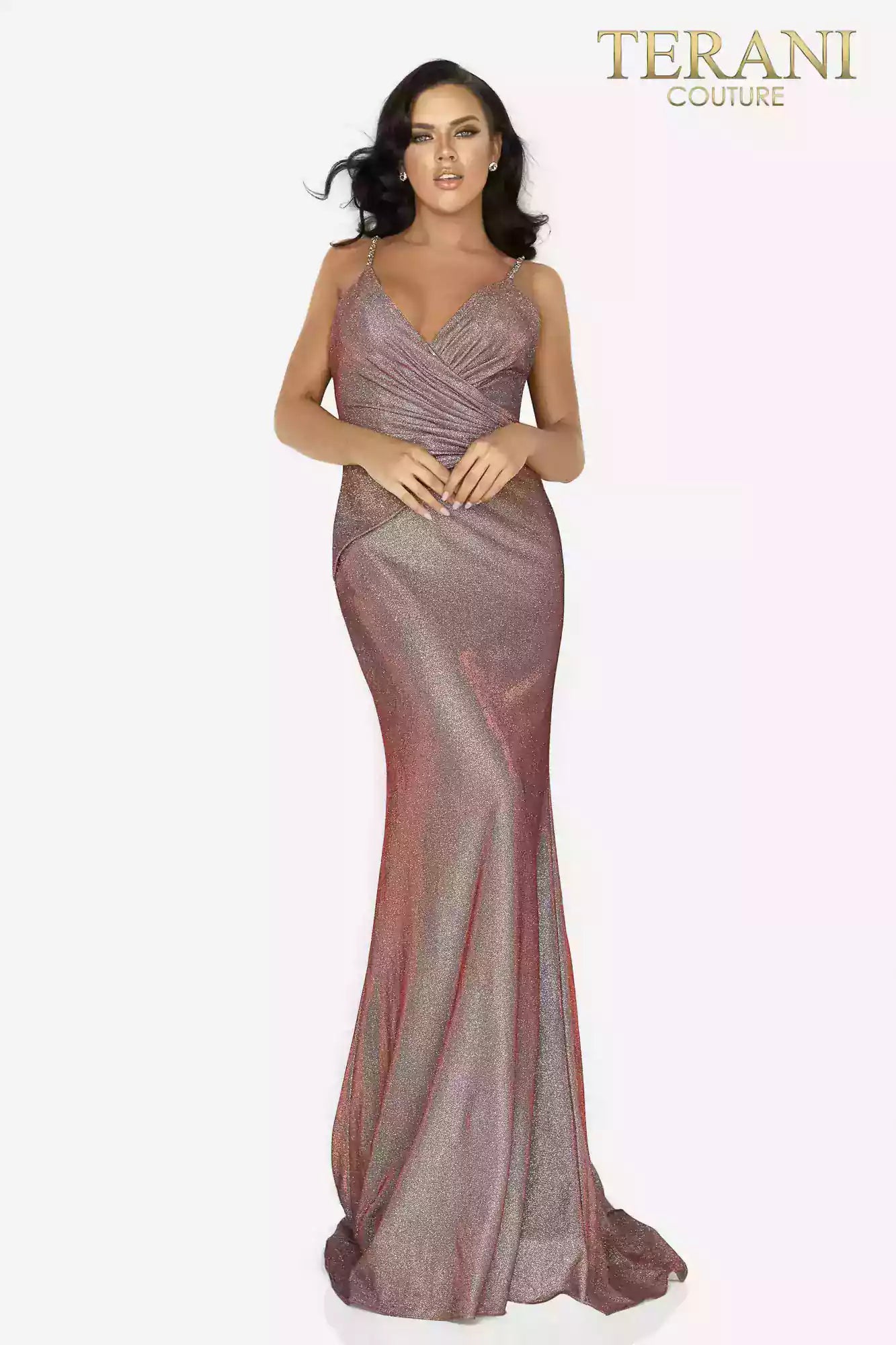 Deep v neck Metallic long prom dress by Terani | 2011P1117 |