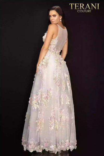 Floral v - neckline tulle long prom ball gown -  2011P1171