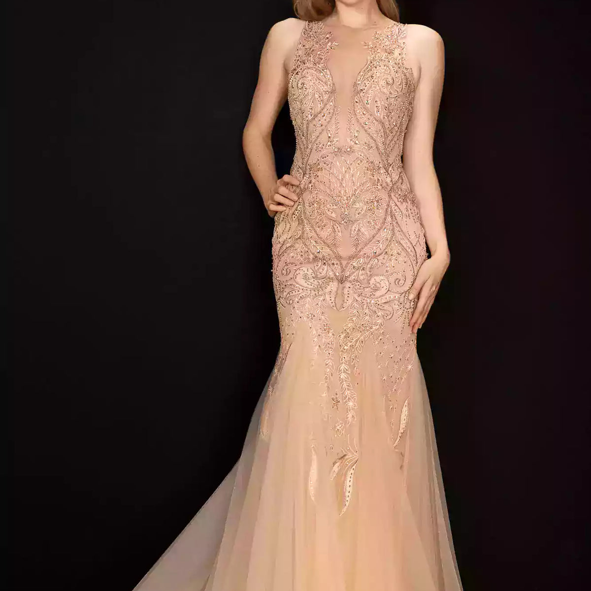 illusion neckline beaded dress in black rosegold Long Black Prom Dress with Contrasting Beads -PromGirl Black/Hot Pink / XSmall main image 1