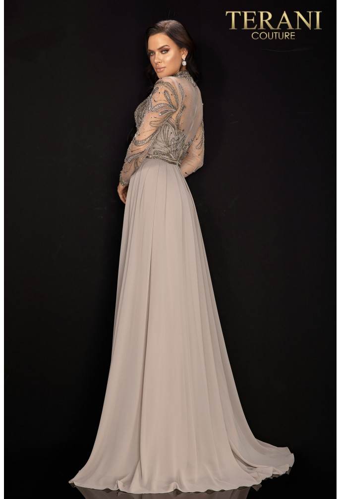 Long sleeve high neck beaded chiffon pleated skirt Mother of Bride dress - 2011M2126