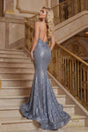 V-Neck Spaghetti Strap Metallic Fitted Prom Dress - 2011P1032