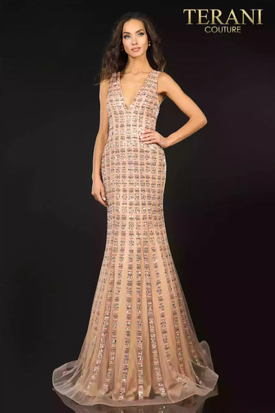 Figure hugging, mermaid, prom gown with linear beading  -  2012P1285