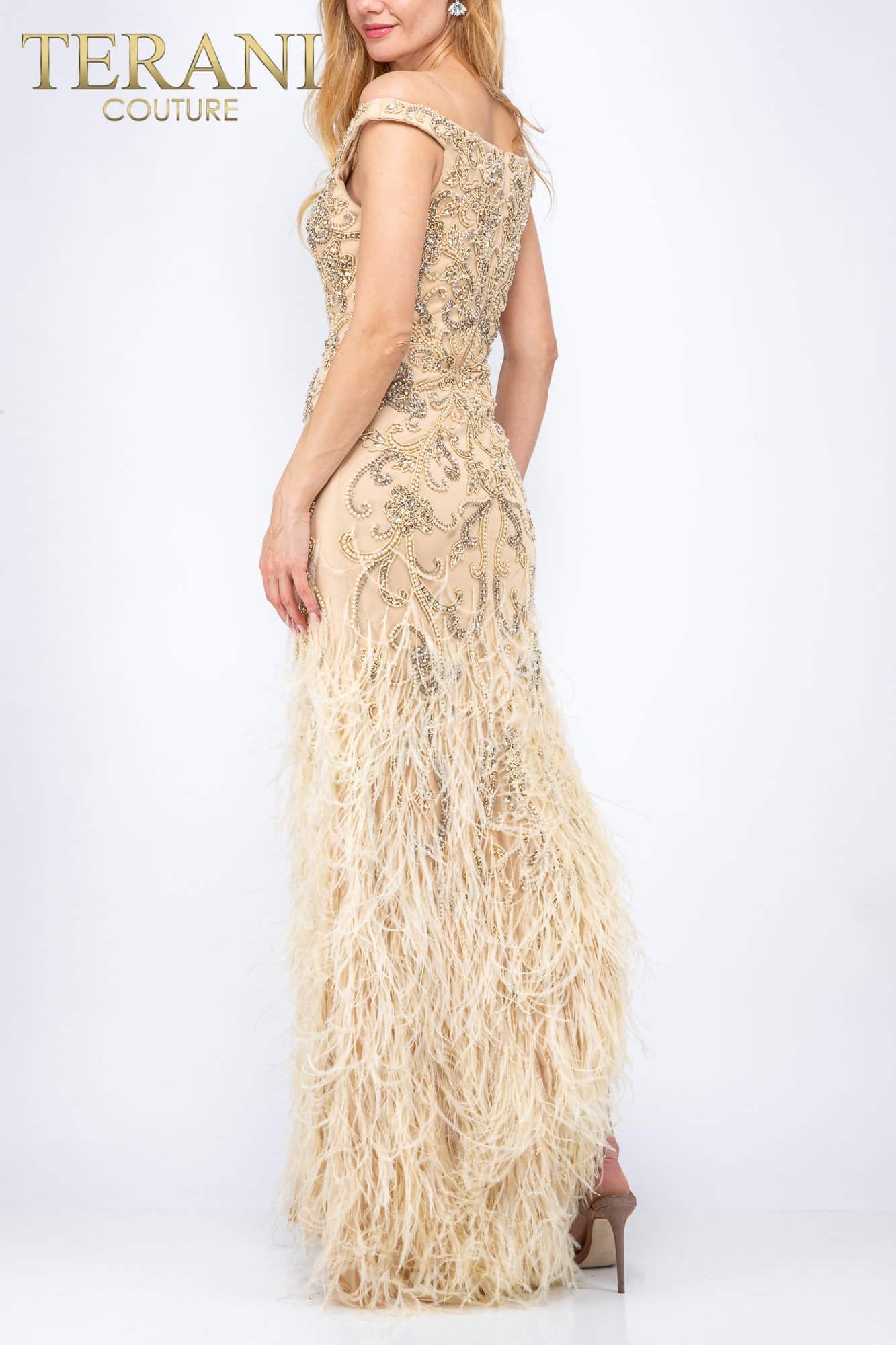 Feather Skirt Off Shoulder Dress with High Slit - 2021GL3138