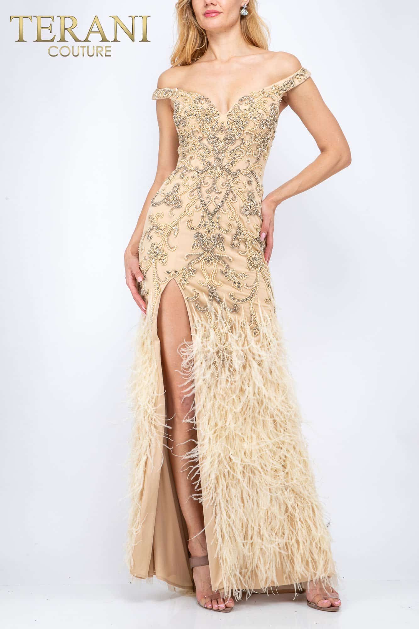Feather Skirt Off Shoulder Dress with High Slit - 2021GL3138