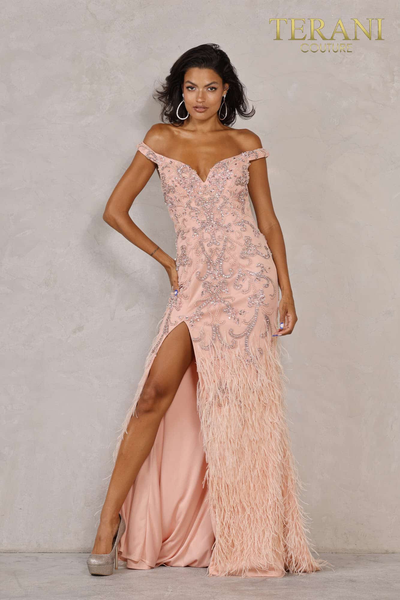Feather Skirt Off Shoulder Dress with High Slit - 2021GL3138