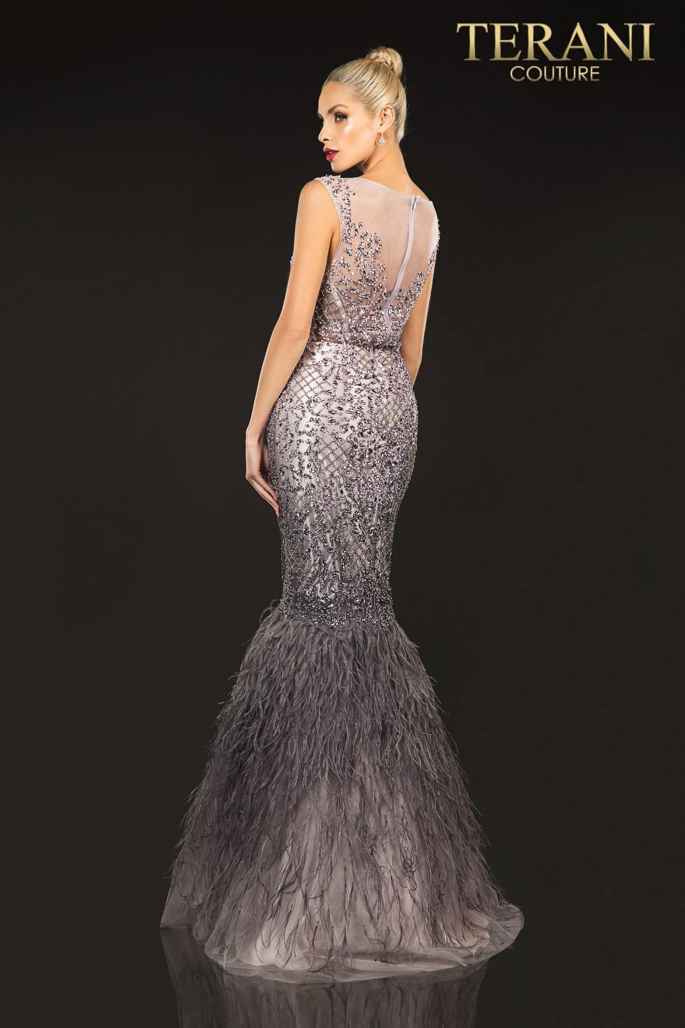 Blush Mauve Feather Illusion Neck Ombre Dress -  2021GL3577