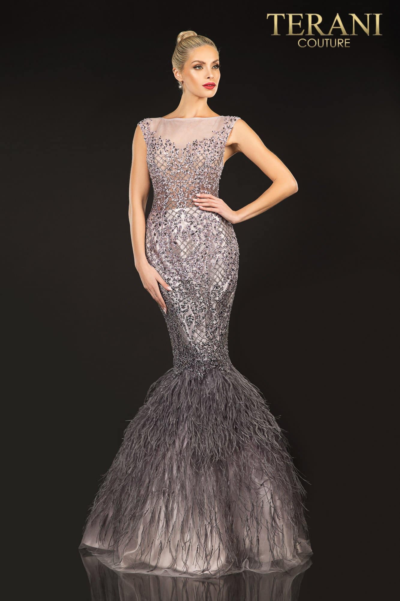 Blush Mauve Feather Illusion Neck Ombre Dress -  2021GL3577