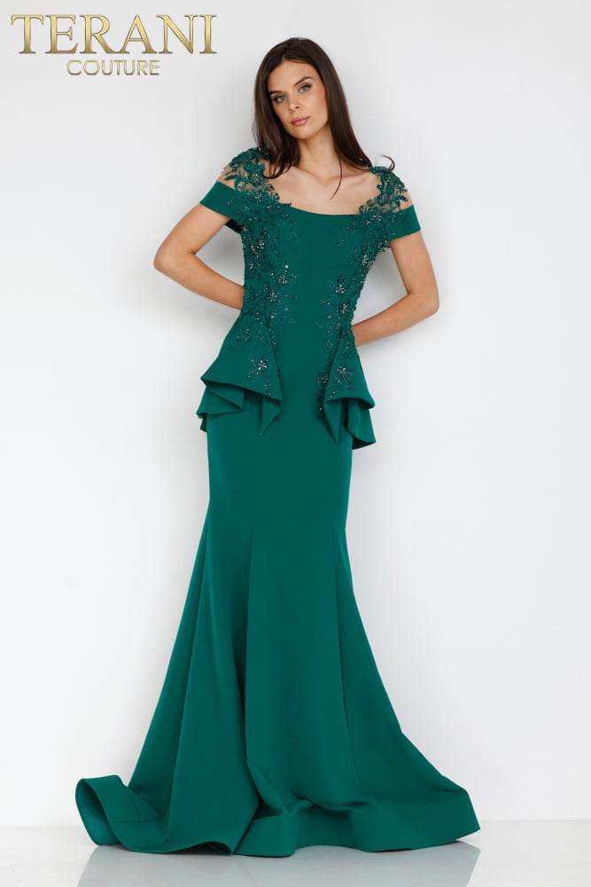 Short Sleeve Peplum Long Gown - 2111M5262