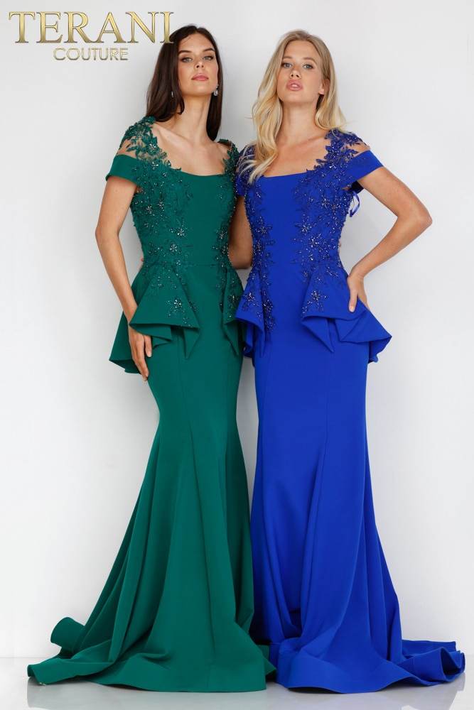 Short Sleeve Peplum Long Gown - 2111M5262