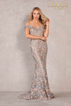 Off Shoulder Metallic Lace Long Dress - 2111M5271