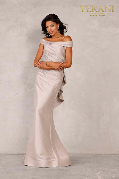 Taupe Off Shoulder Ruched Long Gown- 2111M5299