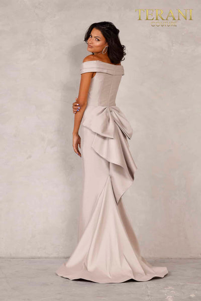 Taupe Off Shoulder Ruched Long Gown- 2111M5299