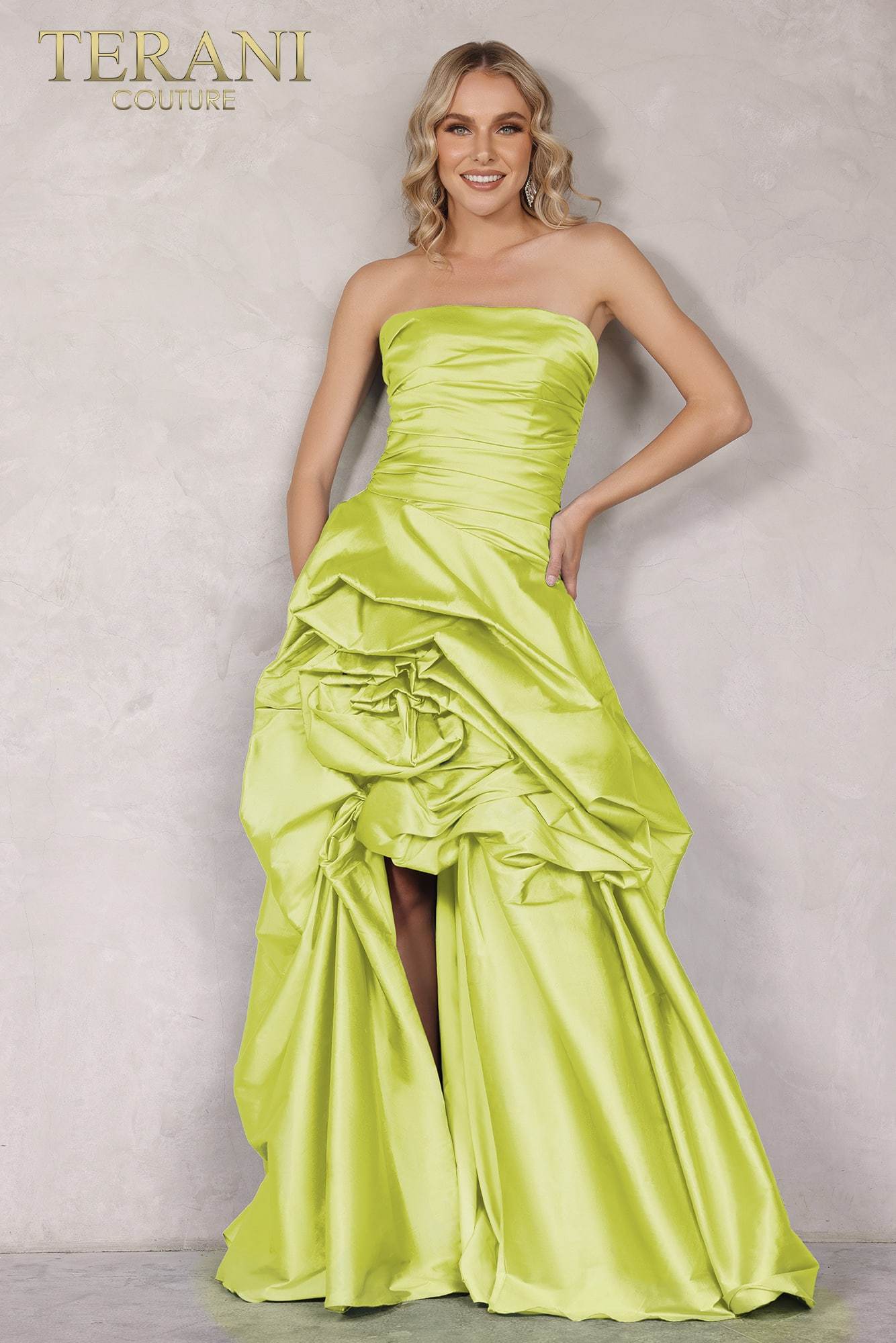Strapless Ruched Bodice High Low Flower Bud Ball Gown - 2111P4270