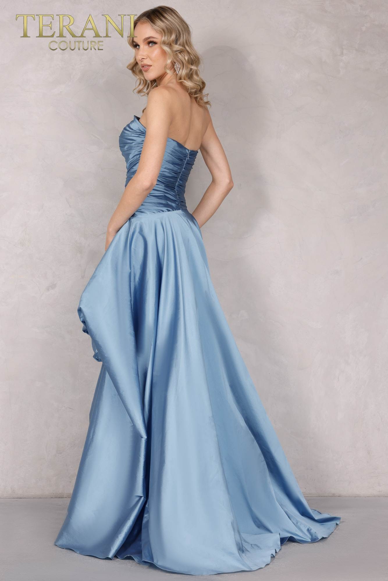 Strapless Ruched Bodice High Low Flower Bud Ball Gown - 2111P4270