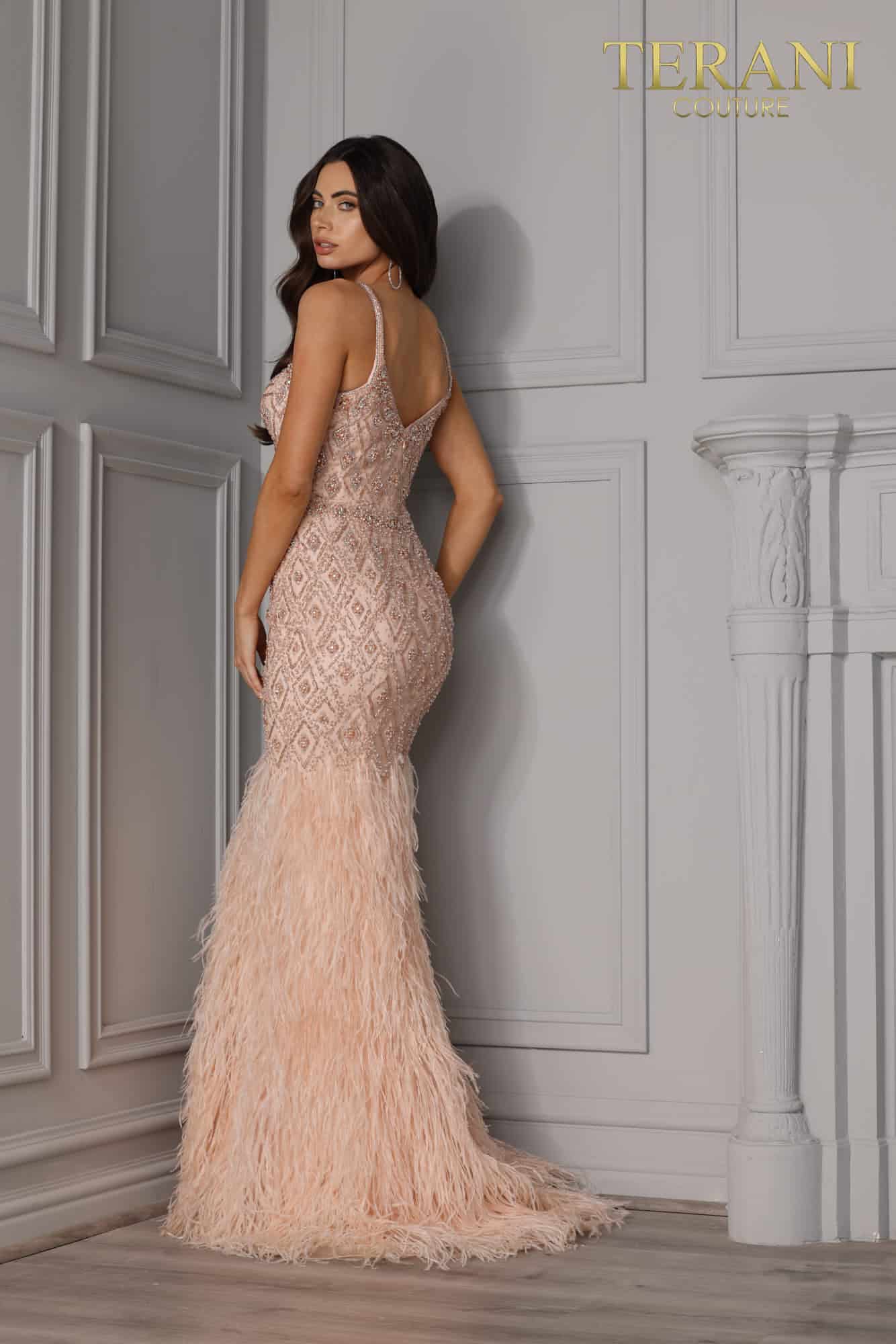 Spaghetti Strap Heavy Beaded Long with Feather - 2215GL0102