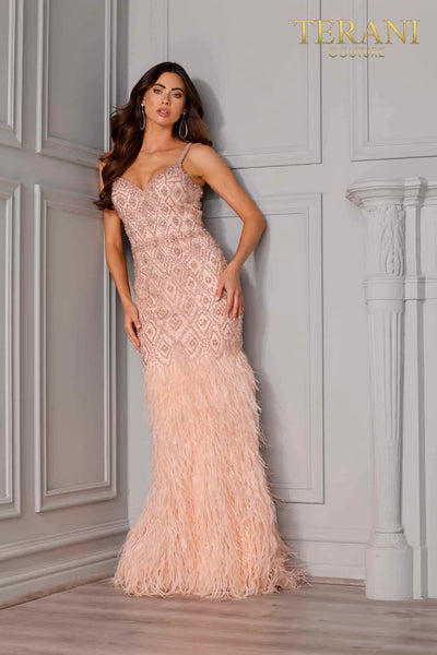 Spaghetti Strap Heavy Beaded Long with Feather - 2215GL0102