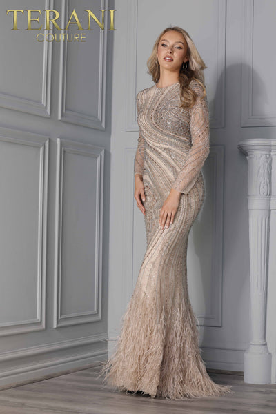 Taupe Long Sleeve Long Dress with Feather 2215GL0107