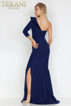 One Shoulder Beaded Leaf Applique High Slit Long Dress - 231e0291