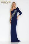 One Shoulder Beaded Leaf Applique High Slit Long Dress - 231e0291