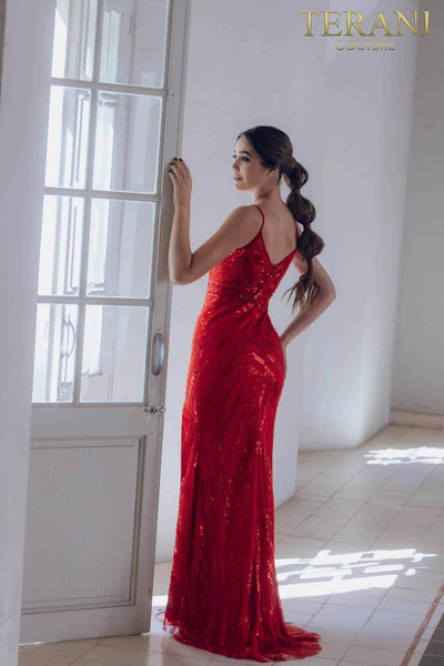 High Slit Long Evening Gown with Spaghetti Straps - 231E0516