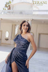 Satin Mermaid Dress with Ruffled One Shoulder Sleeve - 231E0517