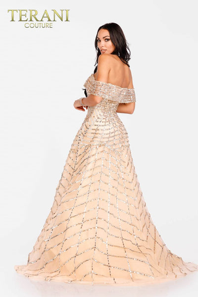 Gold Pageant Dress with Off-Shoulder Sleeves - 231GL0400