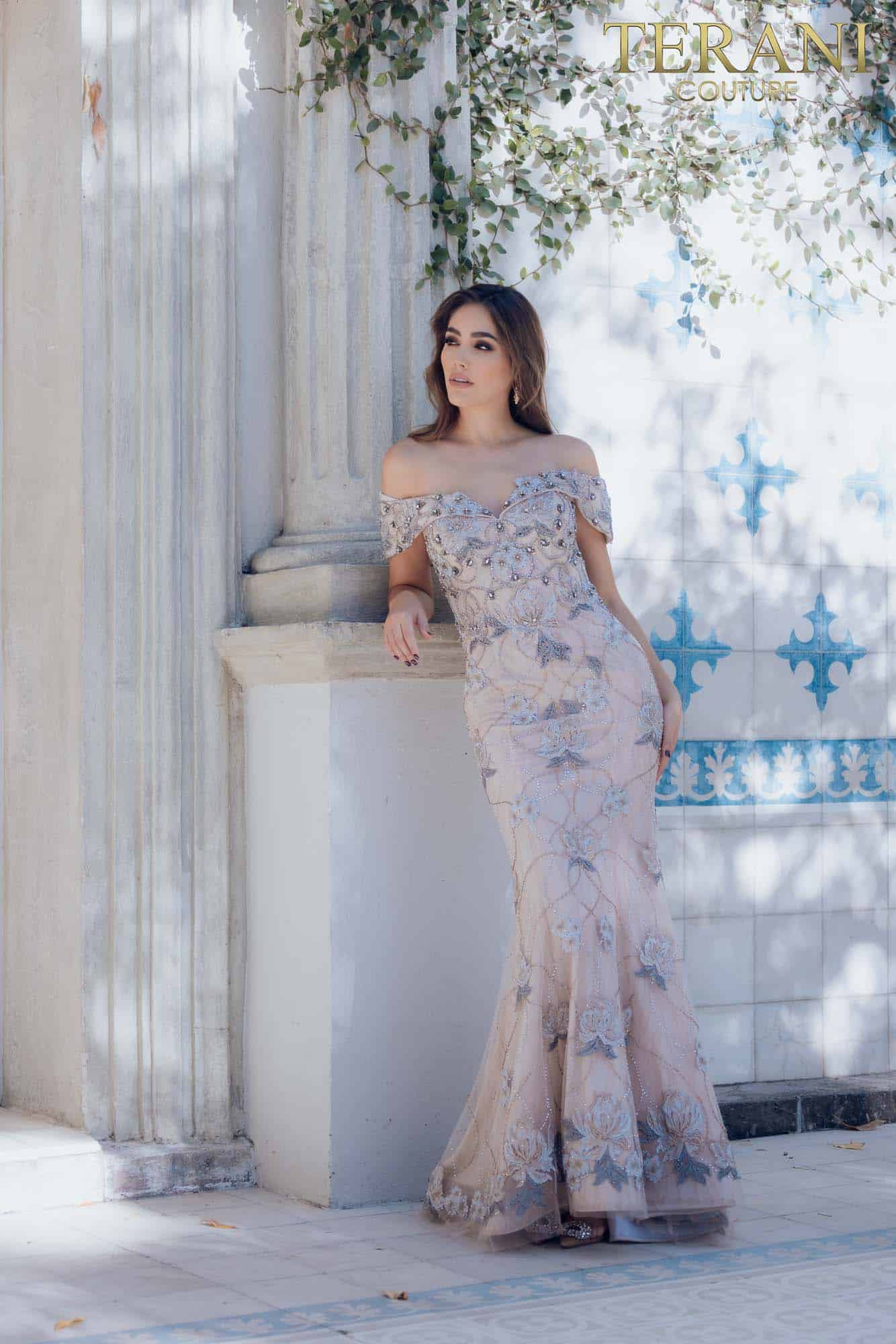 Off-Shoulder Pageant Gown in Champagne- 231GL0416