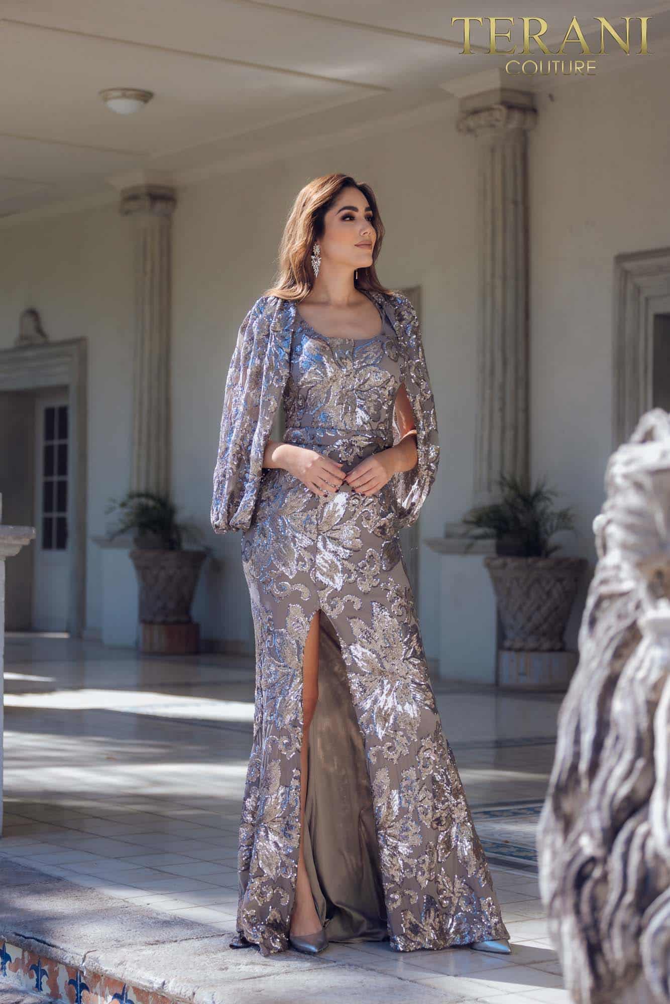 Formal Sequin Dress with Open Slit Sleeves