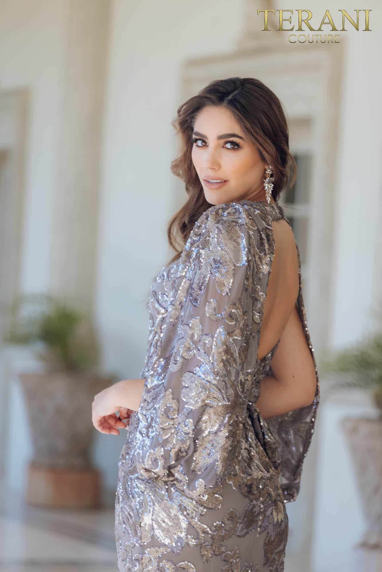 Formal Sequin Dress with Open Slit Sleeves - 231M0356
