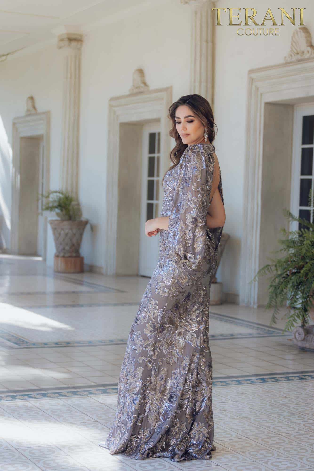 Formal Sequin Dress with Open Slit Sleeves - 231M0356 Formal Sequin Dress with Open Slit Sleeves - 231M0356