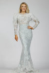 Silver Fishtail Embellished Gown with Fur Style - 231M0491