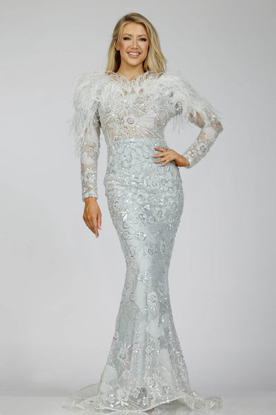 Silver Fishtail Embellished Gown with Fur Style - 231M0491