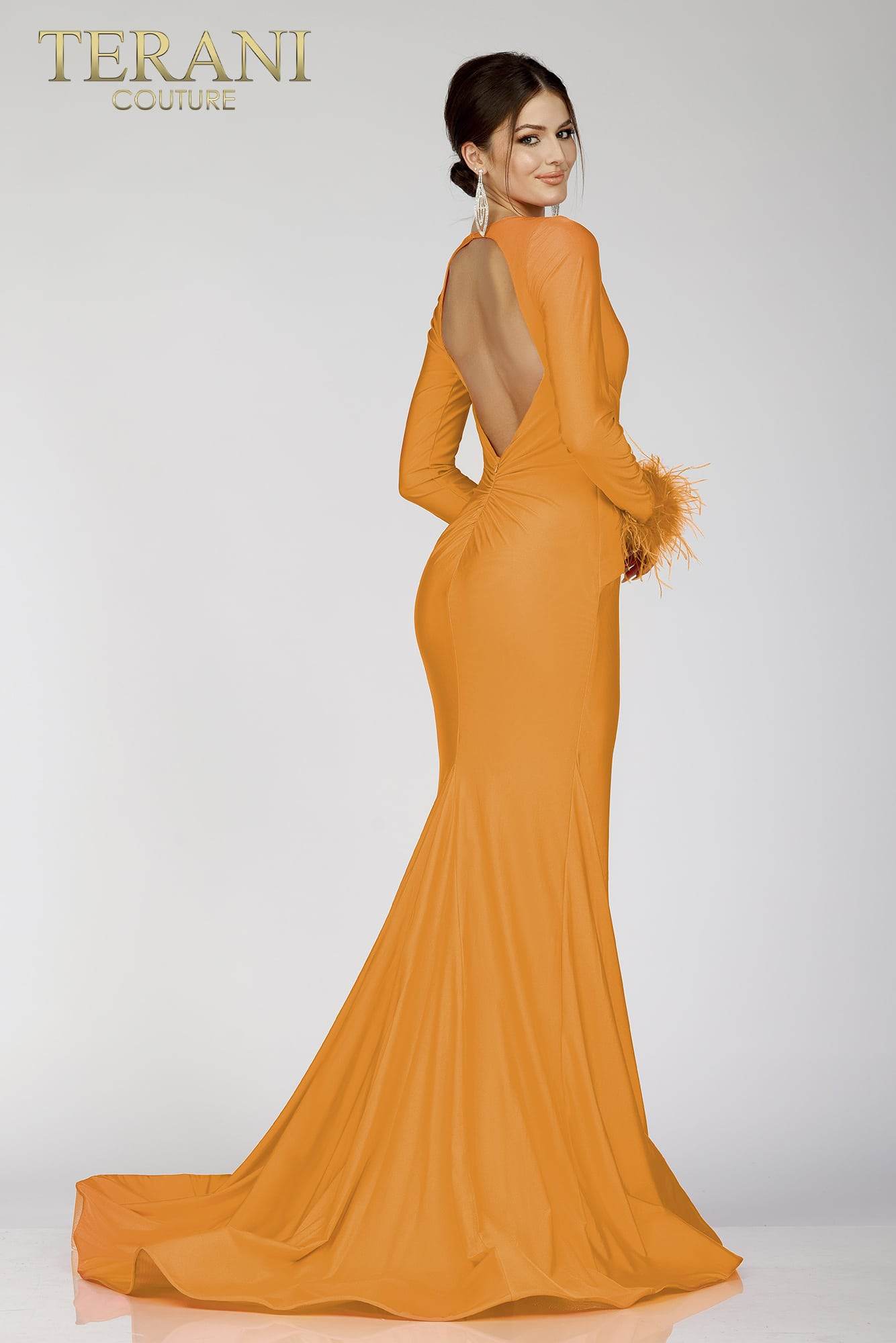 Full Sleeves Fur Lace Prom Gown with Deep V Neck - 231P0074
