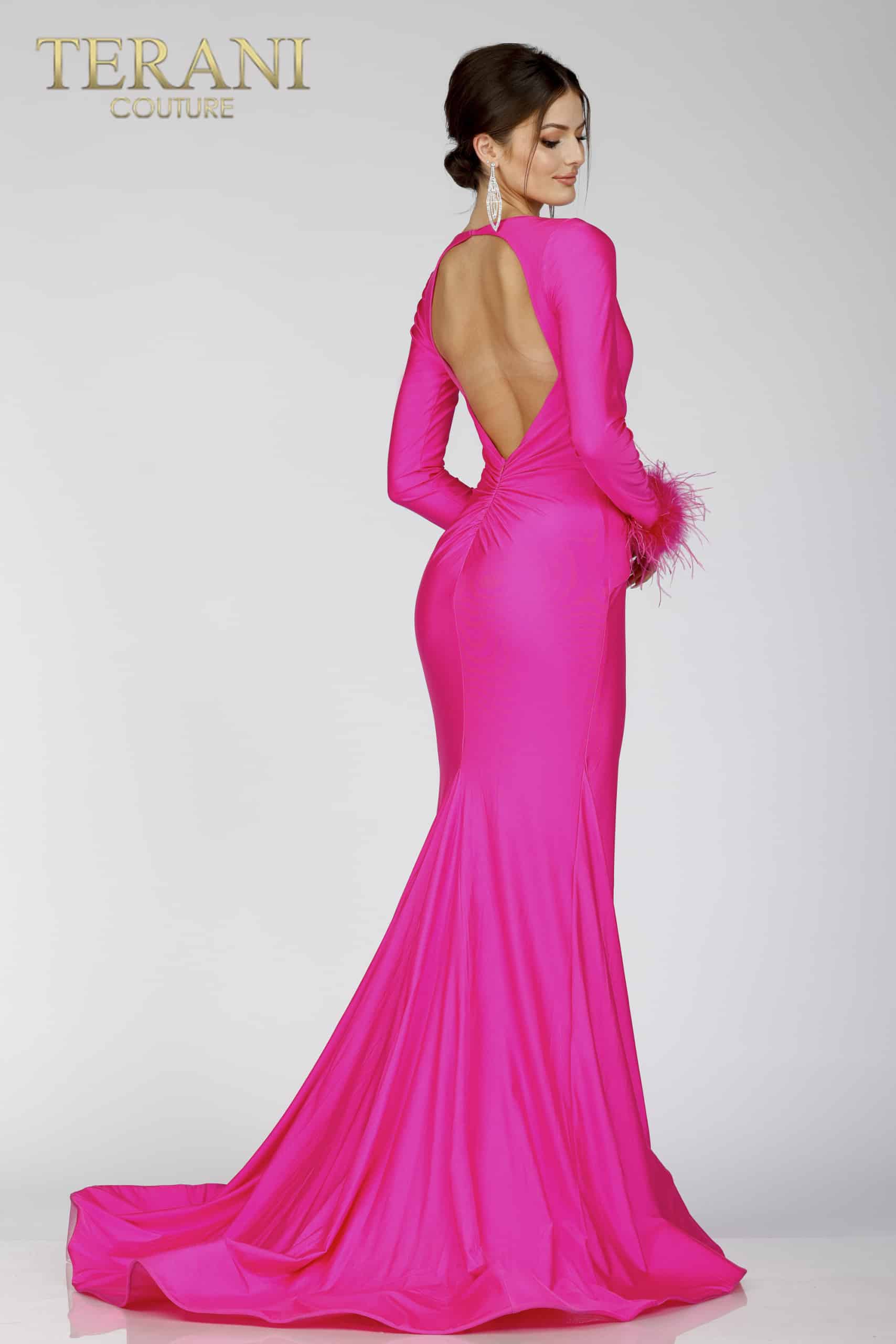 Full Sleeves Fur Lace Prom Gown with Deep V Neck - 231P0074