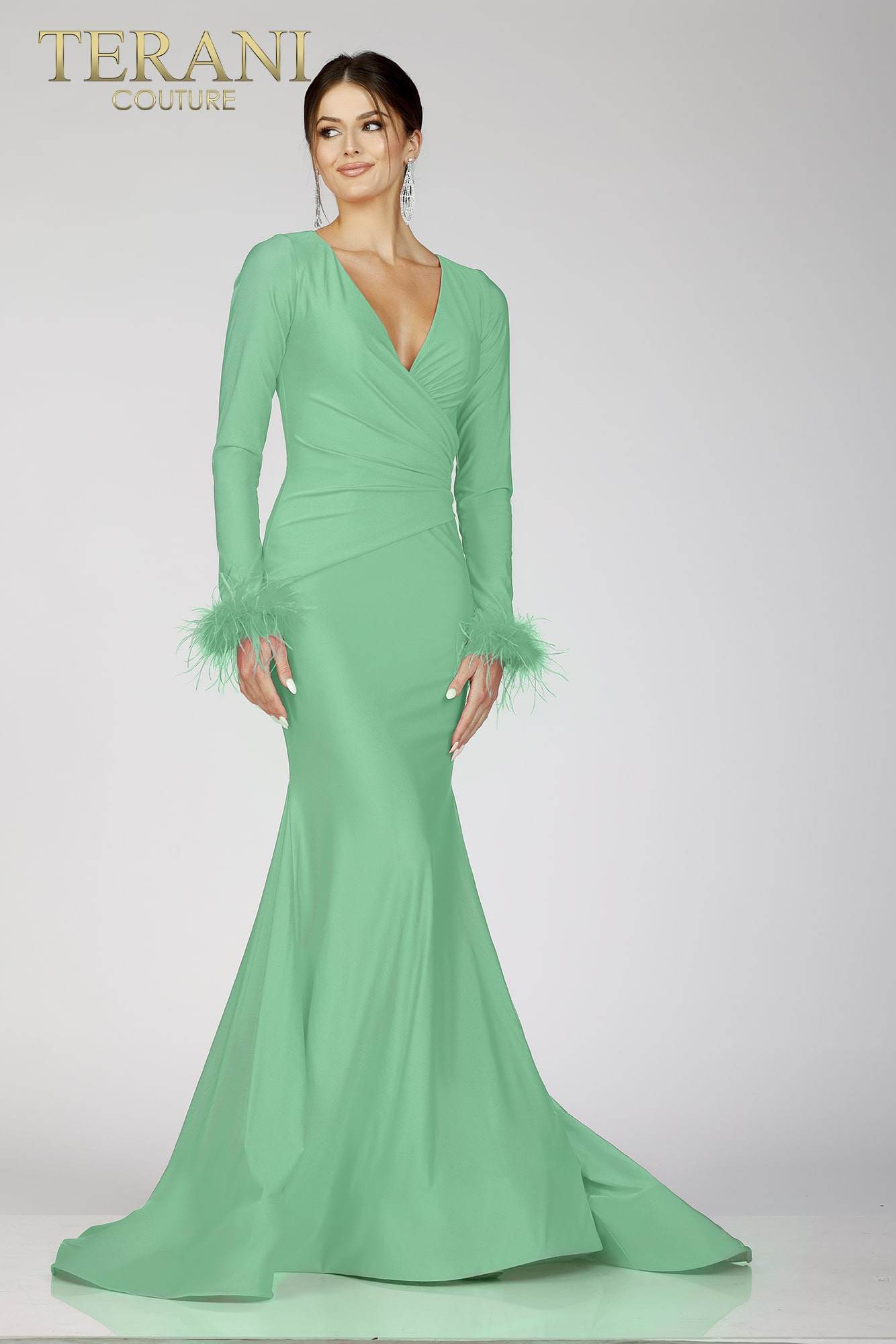 Full Sleeves Fur Lace Prom Gown with Deep V Neck