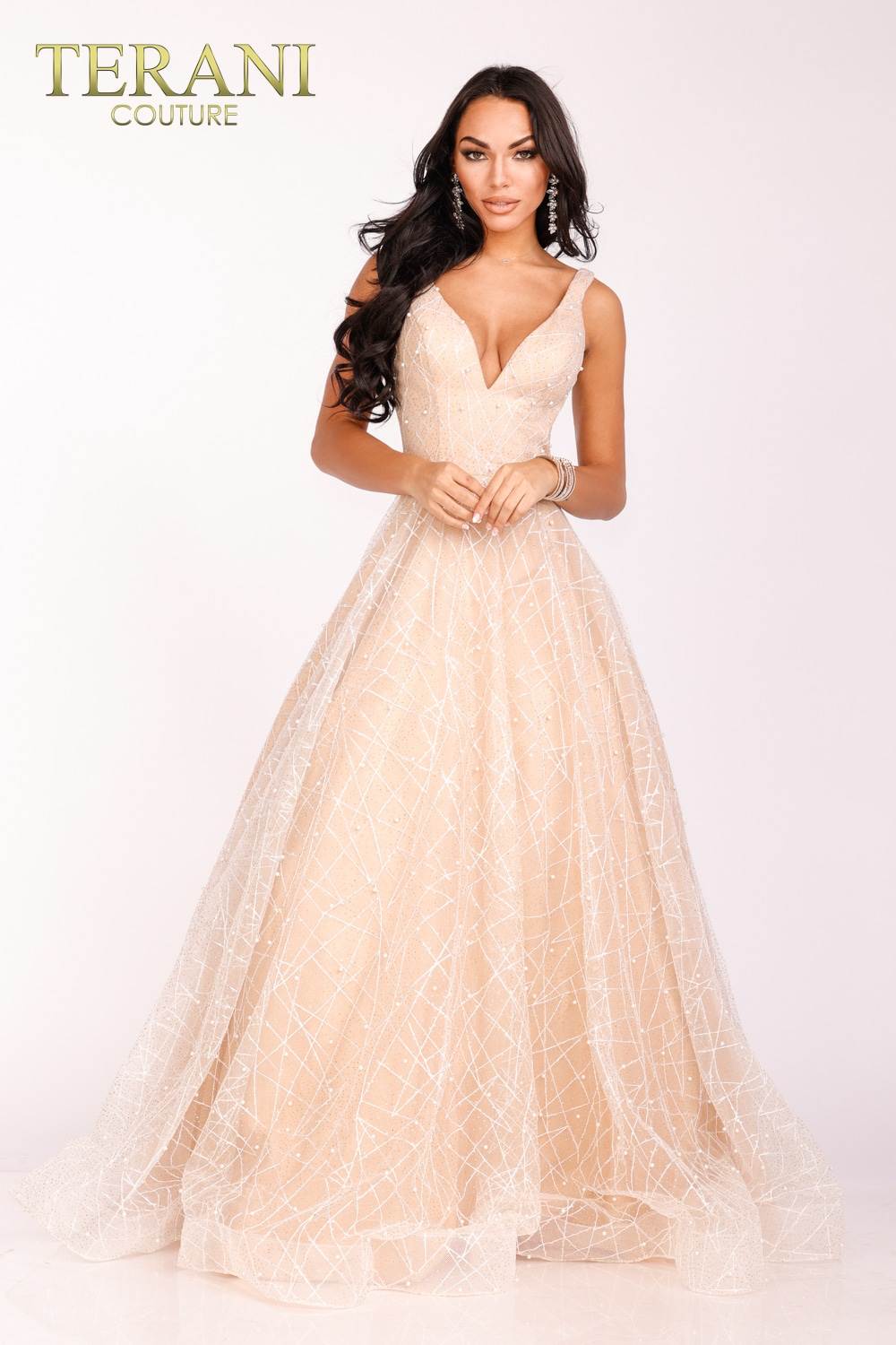 Ivory Peekaboo Back Prom Dress with V-neck - 231P0169