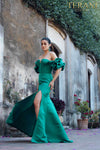 Short ruffle sleeves prom gown in matte satin - 231P0181