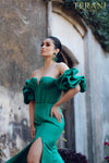 Short ruffle sleeves prom gown in matte satin - 231P0181