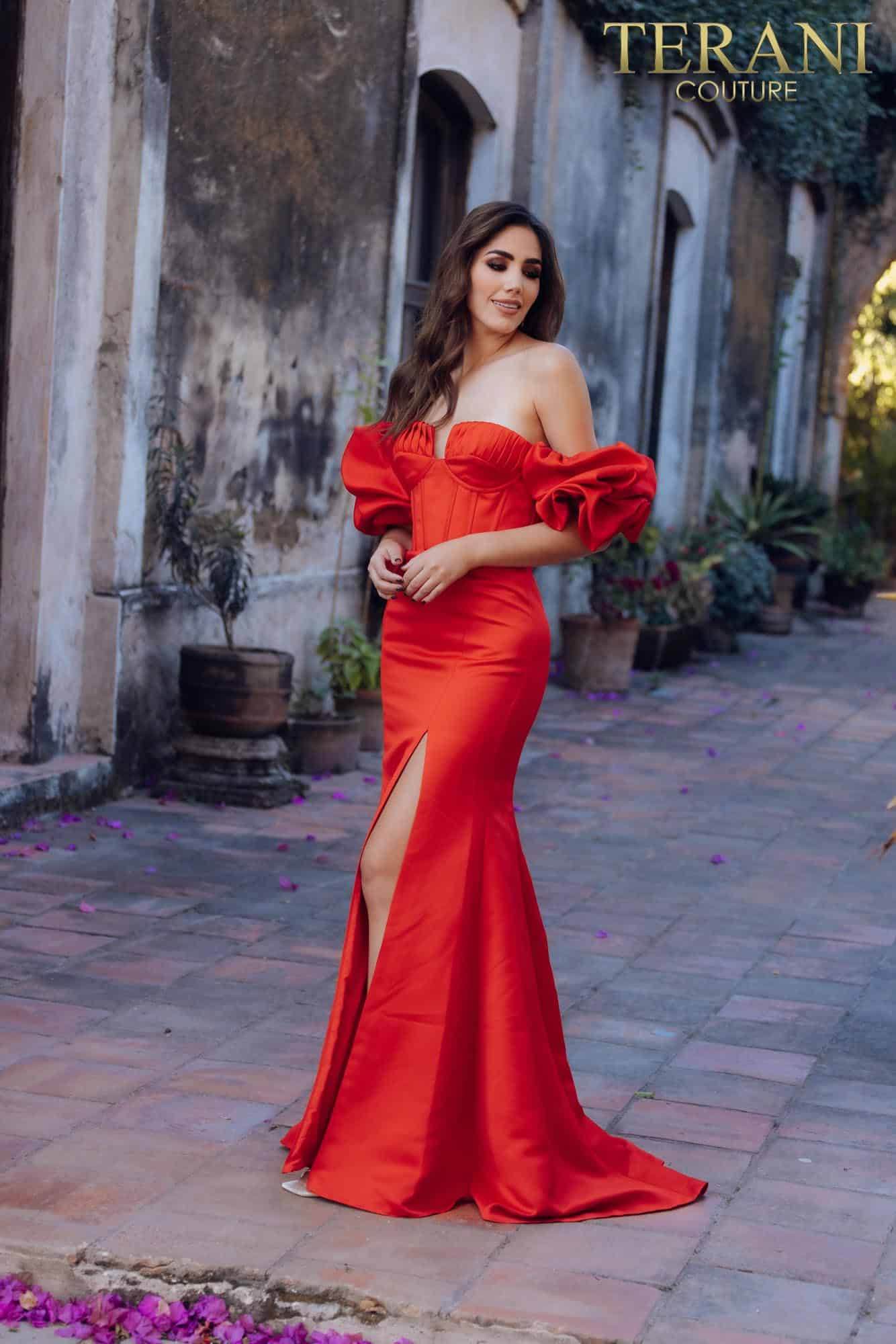 Short ruffle sleeves prom gown in matte satin - 231P0181