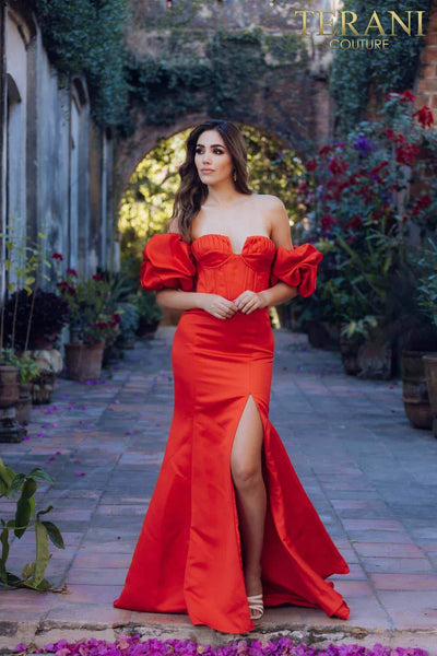 Short ruffle sleeves prom gown in matte satin - 231P0181