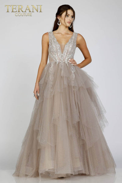Layered Embroidery Evening Dress with Deep V Neck - 231E0610