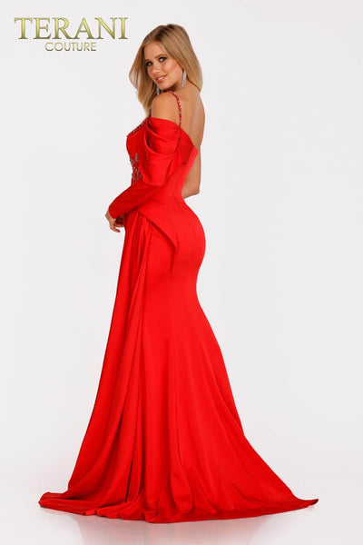 Red Evening Gown with Puffed Long Sleeve- 231E0614