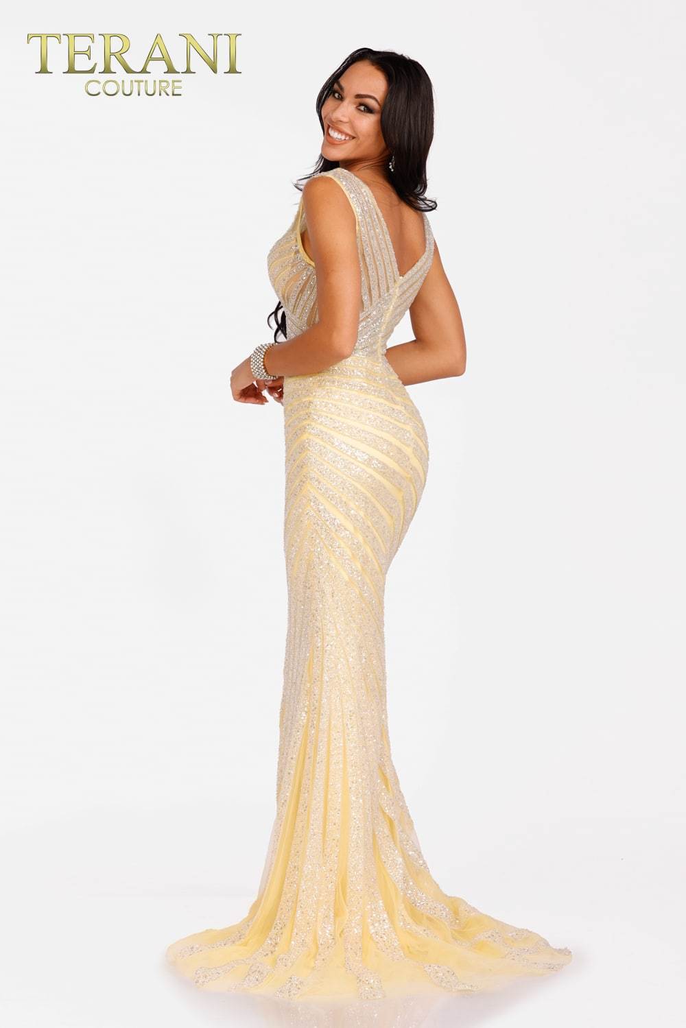 Embellished Tulle Evening Gown in Yellow- 231E0620