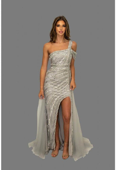 Silver Embellished Pageant Dress with Off-Shoulder Sleeves - 231GL0376