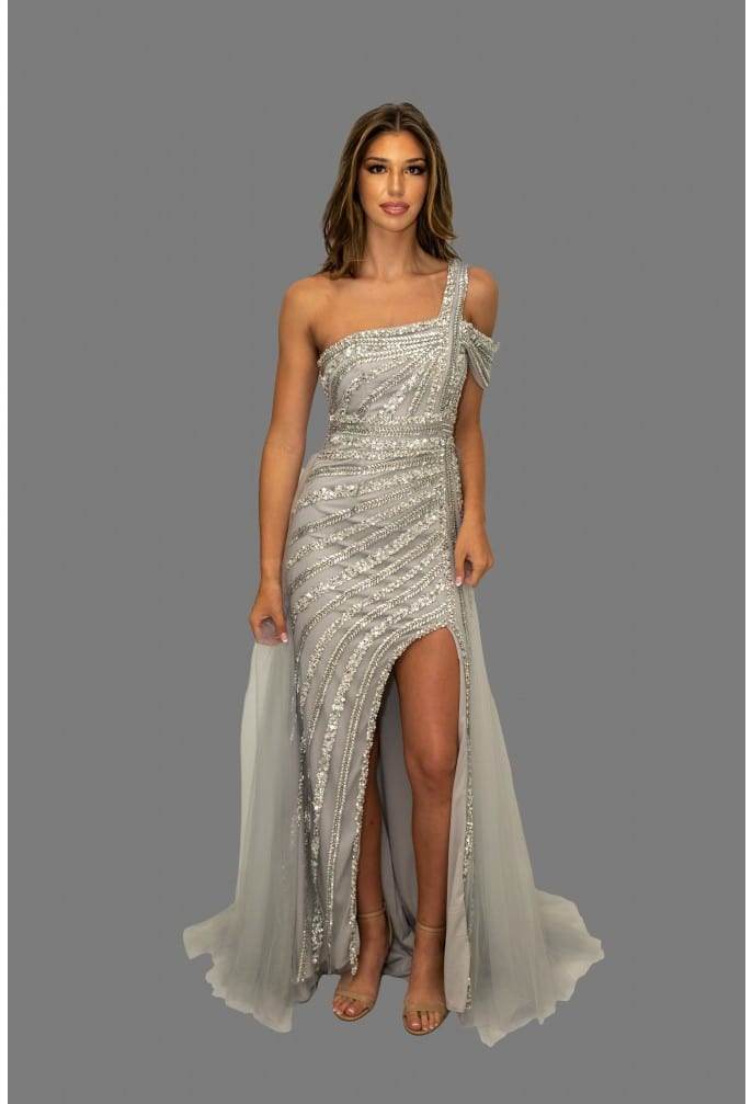 Silver Embellished Pageant Dress with Off-Shoulder Sleeves