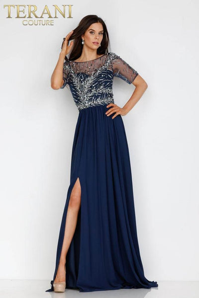 Navy Evening Gown with Embellished Bodice - 231M0341