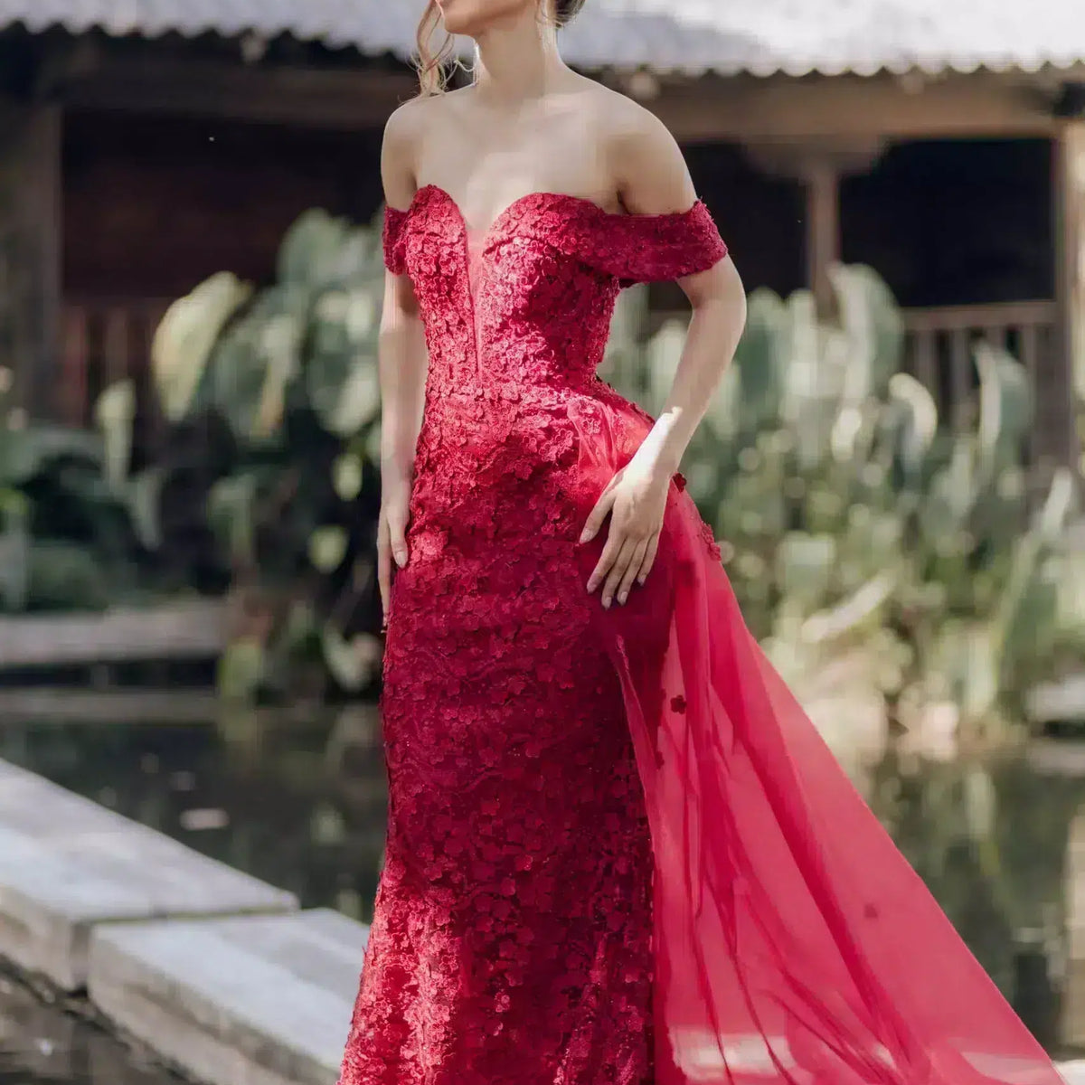 Off Shoulder Mermaid Embroidery V-neck Overskirt Dress - 232E1203